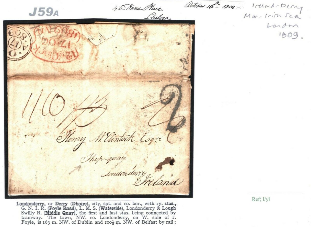 GB IRISH SEA MAIL London Cover 1809 Letter SHIP QUAY Londonderry Note ...