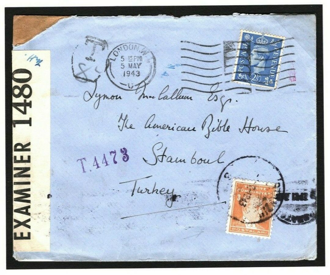 GB Cover TURKEY Taxe *REGULAR STAMP USED AS POSTAGE DUE* Censor WW2 ...