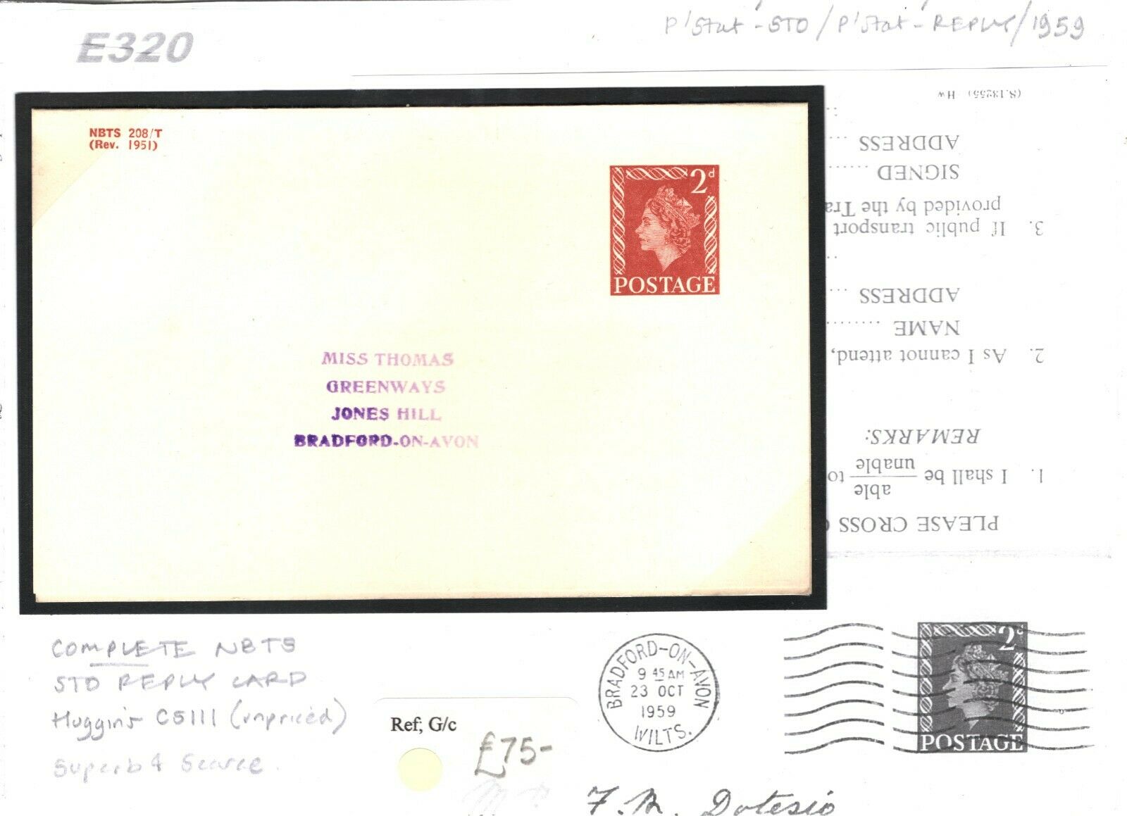 GB QEII Stationery COMPLETE NBTS STO REPLY CARD Huggins C511 Wilts 1959 ...