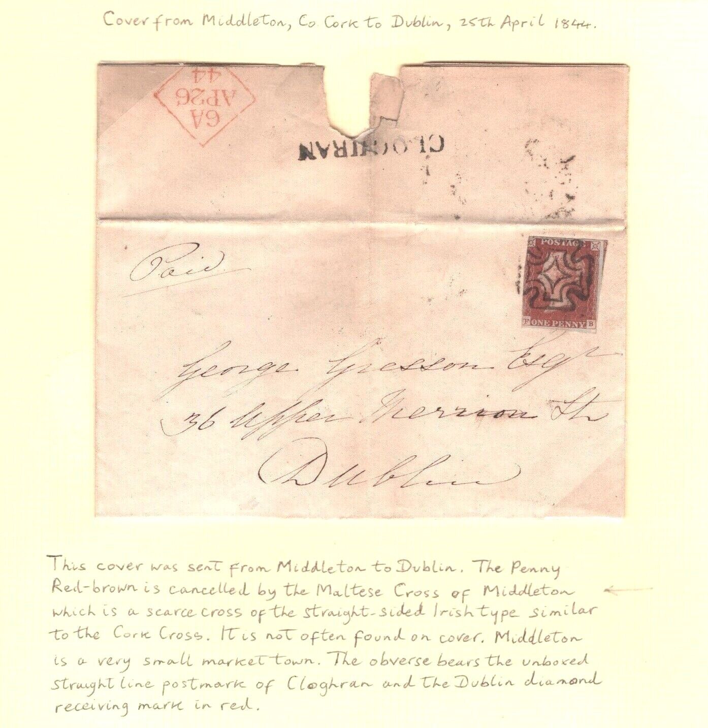 GB IRELAND MALTESE CROSS Cover MIDLETON Letter *CLOGHRAN* 1844 Dublin ...