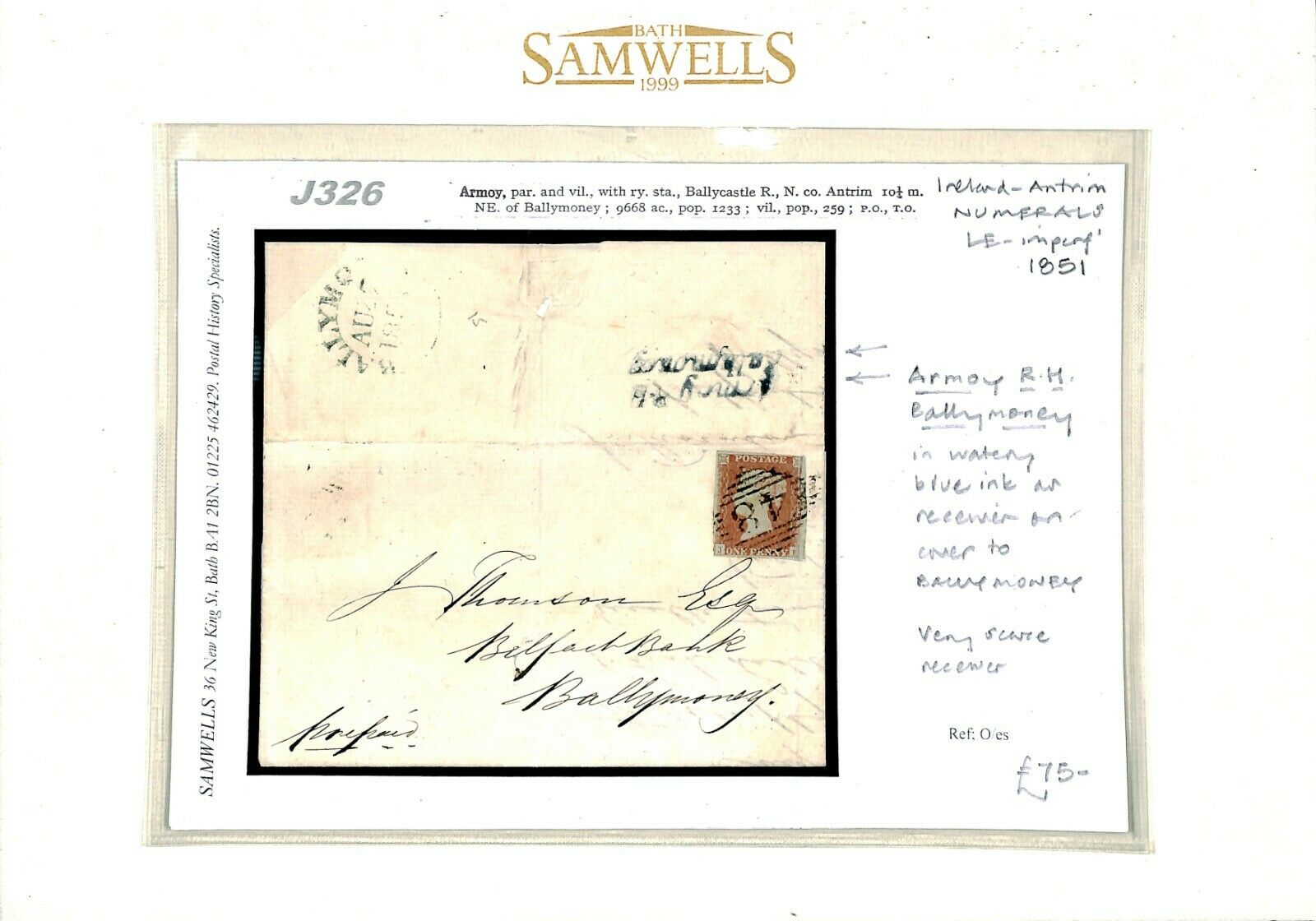 GB IRELAND Cover Antrim *Armoy RH/ Ballymoney* BLUE RECEIVER 1d Red 1851 J326 - Image 5